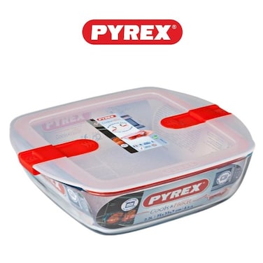 Pyrex Cook&amp;Heat Squared Borosilicate Glass Roaster with Airtight Lid, 14x12cm &ndash; Oven, Freezer, Microwave Safe