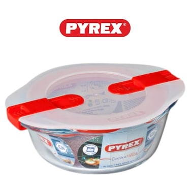 Pyrex Cook&amp;Heat Round Borosilicate Glass Roaster with Airtight Lid, 26x23cm &ndash; Oven, Freezer, Microwave Safe