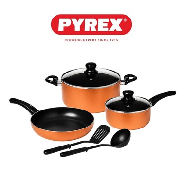 Pyrex Family Touch 7-Piece Cookware Set &ndash; Non-Stick Pots &amp; Pans with Lids &amp; Nylon Utensils, BPA Free &amp; PFOA Free Healthy Cooking Set, Light Copper Cookware for Gas &amp; Electric Hobs