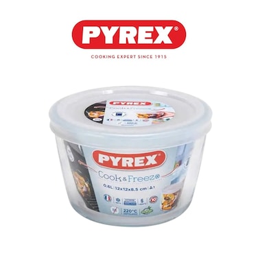 Pyrex Cook &amp; Freeze Round Dish with Plastic Lid 0.6L &ndash; Compact Glass Container for Baking, Freezing &amp; Reheating