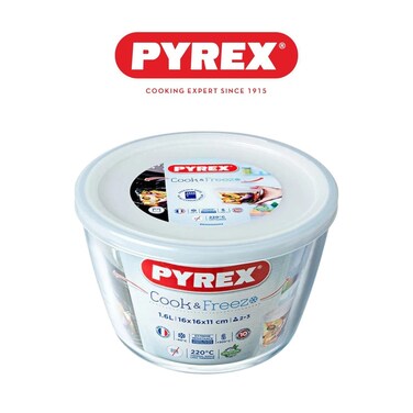 Pyrex Cook &amp; Freeze Round Dish with Plastic Lid 1.6L &ndash; Multi-Functional Glass Bakeware for Healthy Meal Prep &amp; Storage