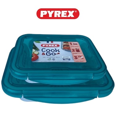 Pyrex Cook&amp;Go Storage Dish Set - 0.8L &amp; 1.9L Rectangular Glass Containers with Airtight Green Lids