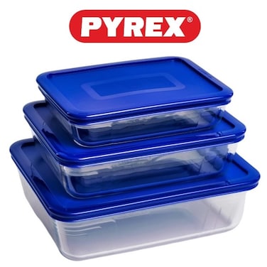Pyrex 3-in-1 Rectangular Glass Baking Dish Set - 1.5L, 0.8L, and 2.6L with Blue Lids
