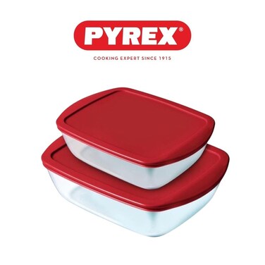 Pyrex Cook &amp; Store Set of 2 Rectangular Dishes with Red Lids (1.2L &amp; 2.5L) &ndash; BPA-Free Storage and Bakeware