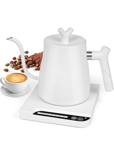 Kameety 304 Stainless Steel Gooseneck Kettle Electric, Auto Shut Off, Temperature Control with 7 Variable Presets Kettl, Smart Kettle Suitable for Brewing coffee and tea, 1L (White)