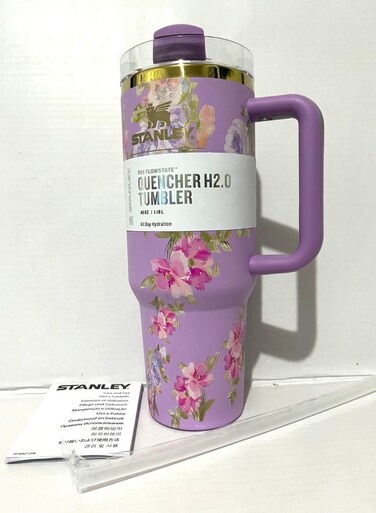 Love Shack Fancy H2.0 Flow State 40oz Purple Floral Rose Tumbler, Stainless Steel Vacuum Insulated Quencher with Lid, Straw, and Stopper, Ideal for Water and Iced Tea, Keeps Drinks Cold, Presented in Elegant Gift-Ready Packagin