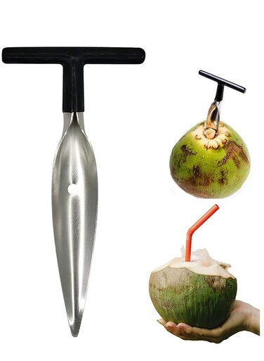 Steel Coconut Opener Tool for Green Young Coconuts, Easy Grip Drill with Black PVC Handle, Safe and Fast Coconut Water Access, Reusable and Dishwasher Safe