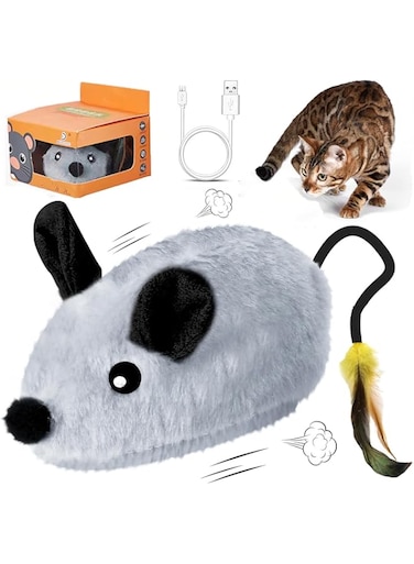 Mimiblack Cat Toys Mouse, Moving Mouse Toy for Cats Interactive Cat Toy for Cat/Kitten Indoor Exercise Motion Cat Toy Games with Feather Tail Rachargeable Automatic Self Play Pet Toys(Gray)