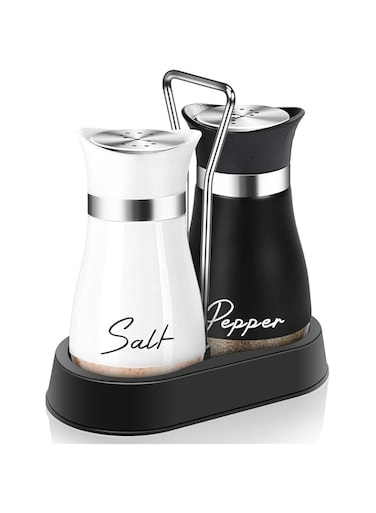 Copper Salt and Pepper Shakers Set with Holder,4 oz Modern Farmhouse Kitchen Decor and Accessories for Restaurant, Wedding, Housewarming Gifts Refillable Design (Black/White)