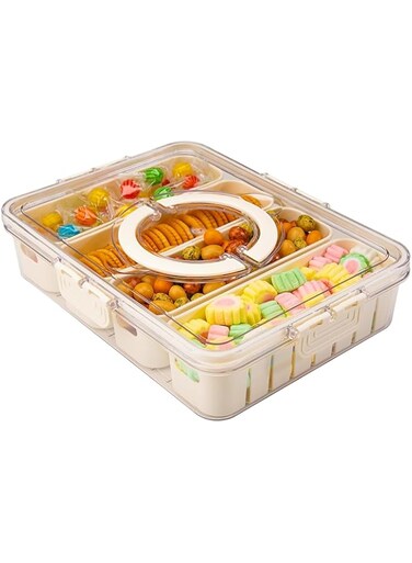 ANTOLE Refrigerator Organizer Box Container Set,4 Compartment Divided Serving Tray with Lid &amp; Handle for Fridge Fruit Charcuterie Veggie Tray &amp; Snack Storage,Portable for Parties Travel Picnics