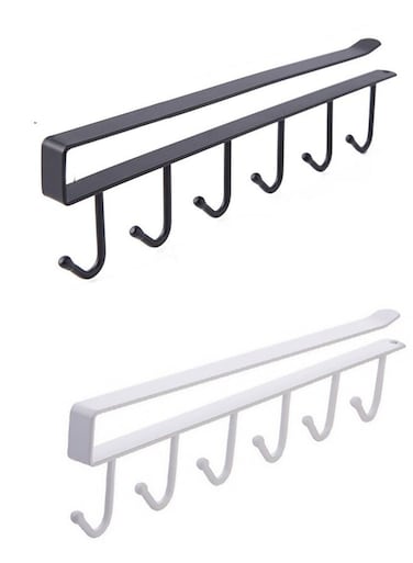 Flyer Under Cabinet Mug Hooks, Mug Holder Coffee Cup Holder Kitchen Utensil/Tie Belt/Scarf/Key Storage, Fits Cabinets 0.8 Inch Thickness or Less, (Set of 2 in Black and White)