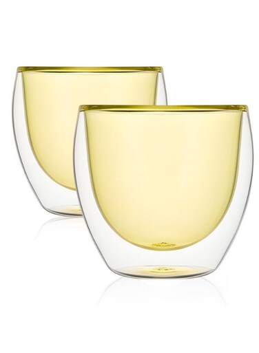 Double Wall Glass Coffee Mugs 250ML Hot &amp; Cold Borosilicate Insulated Glasses for Home, Cafe &amp; Restaurant, DG824 (Yellow, 2 Piece Set)