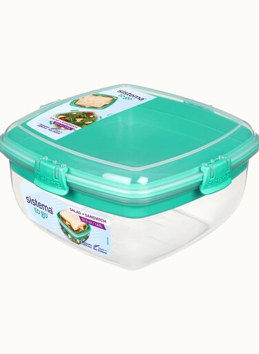 Salad plus Sandwich 1.63L ,Stackable &amp; portable salad storage box, divided trays with easy locking clips. Its Microwave, Dishwasher Safe &amp; BPA Free. Green Clip
