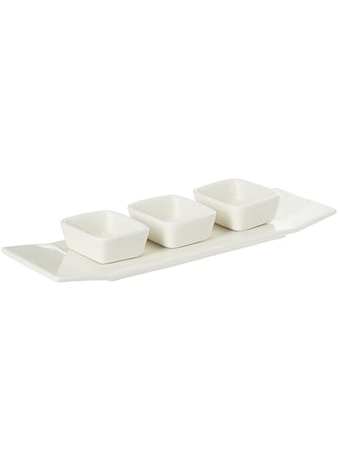 Shallow Porcelain 3 Dish Condiments With Long Plate, White - Ht154