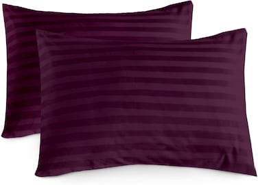 Zen 100% Cotton Luxury Hotel Quality Sateen Pillow Cover Satin Stripe (Plum, H.W Pillow Cover Pair)