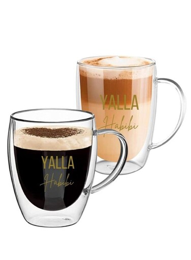 Set of 2 -350 ML Borosilicate Double Wall "Yalla Habibi" Printed Glass Mug With Handle
