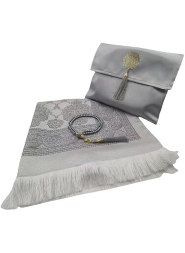 BLOSORA Muslim Prayer Rug with Beads &amp; Elegant Slub Fabric Bag   Soft Islamic Janamaz Sajadah Prayer Carpet Mat   Silk Fabric (Grey)