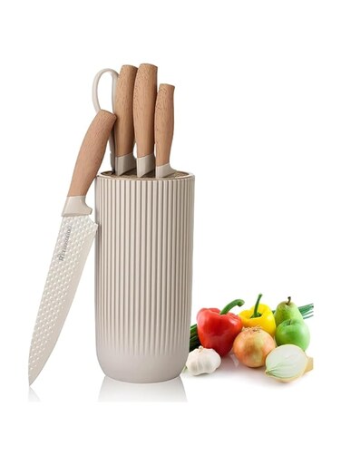 Tazweeq Kitchen Knife Set, 6-Pieces Khaki Sharp Knife Set, Non-stick Non-slip Stainless Steel Chef Knife Set with Universal Knife Block Suitable for Home Restaurant