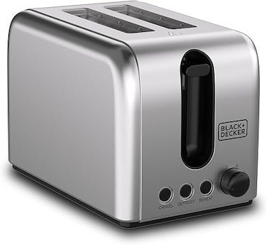 BLACK+DECKER Toaster, 2-Slice, 1050W, Stainless Steel, Dual-Side Heating, 6 Browning Levels, Defrost, Reheat, Cancel Functions, Wide 36mm Slots, Removable Crumb Tray, Sleek Design