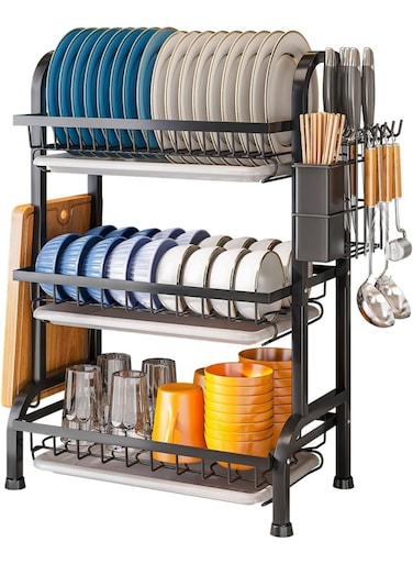 Dish Drying Rack, 3-Tier Dish Rack Drainboard Set, Kitchen Multi-functional Stainless Steel Removable Cutlery Drain Rack, Dish Drainer with Drip Tray Knife Holder, Cutting Board Holder for Kitchen Dish Strainers for Counter
