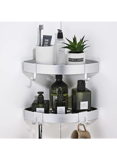TRUSTLIFE Shower Organizer Storage Shower Corner Shelf No Drilling Wall Mounted Bathroom Corner Shelf with Hooks, Space Aluminum Corner Shower Storage Basket for Bathroom - 2 Pack (Silver)