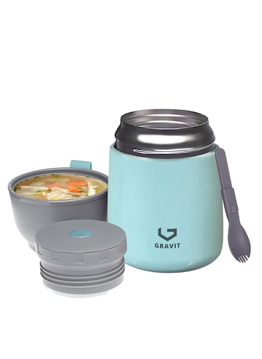 Insulated Food Jar Lunch Box 450ml - Stainless Steel Thermos with Folding Spoon, Keeps Food Hot/Cold, Leak-Proof, Ideal for Baby Food, School Lunches, Office Meals (Blue)