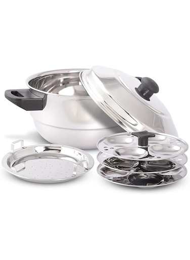 KSJONE Stainless Steel 5 pcs Multi Kadai (Induction Friendly) with Stainless Steel lid, 3 idli Plates (12 Idlis), 1 patra Plate, Silver