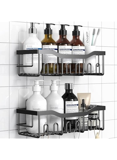 Sulfar Bathroom Rack For Shampoo Organizer With Shelf Adhesive Bathroom Shelf Rack Self Adhesive Wall Storage Organizer For Kitchen And Bathroom (Black) Pack of 2