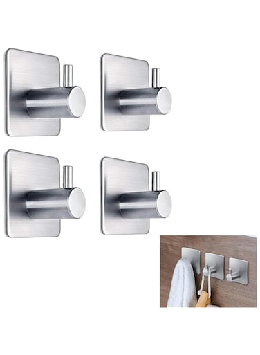 KASTWAVE 4 PCs Stainless Steel Nail Free Hooks, for Hanging Towels, Robes, Coats, Keys, Calendars, Adhesive Hooks Heavy Duty Wall Hooks Utility Hooks, Anti-Skid Heavy Duty Wall Hooks, Silver