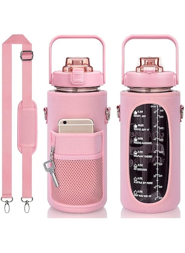 SYOSI Half Gallon Water Bottle with Storage Sleeve, 2L Motivational Water Bottle with Straw &amp; Time Strap, BPA Free Leakproof Large Sports Bottle, Reusable Water Jug for Workout Gym Sport (Pink)