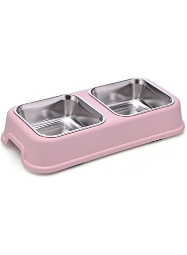 SKEIDO Non-Slip Cat Bowl Dog Bowl Candy Color Plastic Drinking Bowl Stainless Steel Pet Bowl -Pink