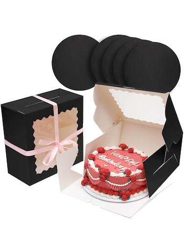 ENJOYLEX 10x10x5 Cake Box, 5 Sets Black Cake Box with Window ＆ 5 Sets 10" Black Cake Round Boards, 10inch Cake Containers