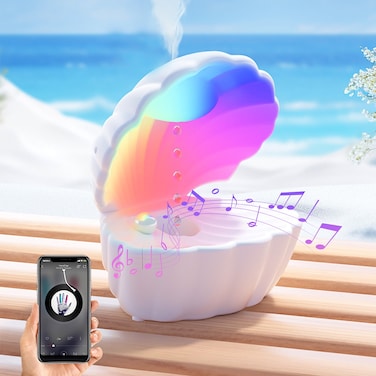 Humidifier with Bluetooth Speaker - Sea Shell Pearl Design, Colorful LED Lights, Raindrop Anxiety Stress Relief, Aromatherapy Diffuser for Home &amp; Office, Cool Mist