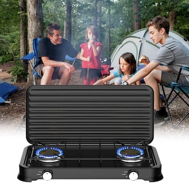 Portable 2 Burner Gas Stove with Cover for Outdoor Camping &amp; Garden Party Cooking Stove,  with Windshield for BBQ, Picnic and Outdoor Events