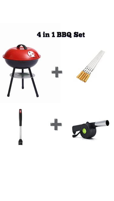 4 in 1 BBQ Grill Set Bundle Portable Charcoal BBQ Stand Grill with Lid, BBQ Brush, 5-Piece Grill Skewers and Handheld Blower Fan - Outdoor Camping Grilling and Winter Picnic
