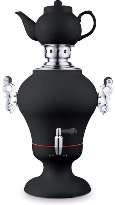 Electric Samovar 2.5L with Elegant Porcelain Tea Pot Black Stainless Steel Hot Water Boiler &amp; Teapot Set, Perfect for Tea Brewing, Home &amp; Office Use