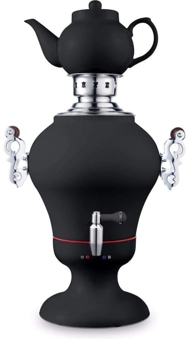 Electric Samovar 2.5L with Elegant Porcelain Tea Pot Black Stainless Steel Hot Water Boiler &amp; Teapot Set, Perfect for Tea Brewing, Home &amp; Office Use