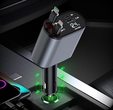 Retractable Car Charger 4 in 1 Fast Charging Adapter with Type C Cable, Dual USB Ports, Voltage Display, 60W Power Compatible with iPhone, iPad, Galaxy &amp; More