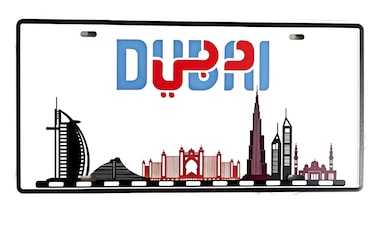 License Plate Home Decor of Glorious Dubai City with Burj Al Arab, Burj Khalifa, The Atlantis Metal Sign with Dubai Logo