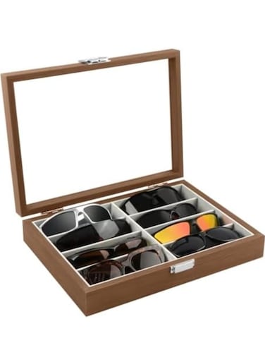 8 Slot Handmade Leather Sunglasses Storage Box with Clear Acrylic Glass Window, Elegant Display Case for Sunglasses &amp; Eyewear, Organizer with Soft Velvet Lining - Perfect for Home &amp; Travel