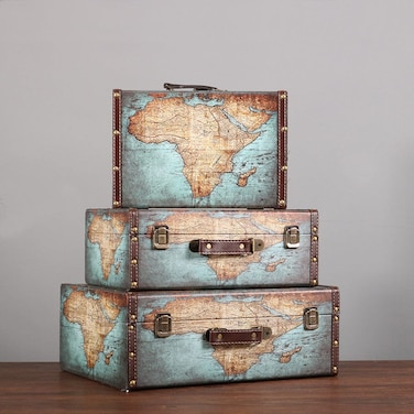 3 Piece Set Suitcase Boxes with Handle, Vintage Plane &amp; Suitcase Decor, Blue World Map &amp; Travel Themed Boxes for Party Decorations, Paperboard Luggage Props, Decorative Storage Boxes with Lid