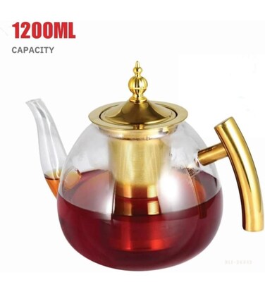 Traditional Arabic Glass Tea Pot with Steel Handle Stovetop with Removable Infuser 1200ML&ndash; Elegant Heat-Resistant Borosilicate Glass Kettle
