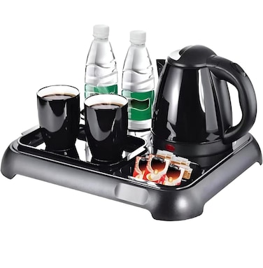 Hotel Kettle Set with 2 Ceramic Cups &ndash; 1200ml 1500W Black Electric Kettle with Fast Boiling, Compact Design, and Durable Ceramic Cups