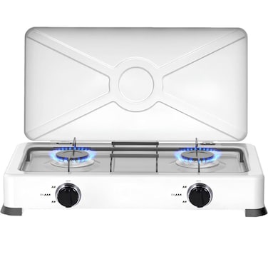 2 Burner Stainless Steel Kitchen Cooktop with Cover  Mini Camping Gas Cooker, Compact and Portable Stove for Home Kitchens, Outdoor Camping, and Travel