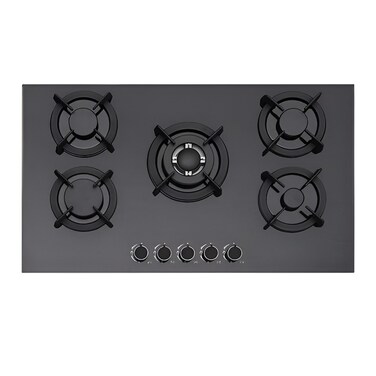 5 Burner Gas Hob with Tempered Glass, Blue Flame Technology, Electric Ignition, Low Gas Consumption, Heavy Duty Cast Iron Pan Supports Efficient Cooking in Modern Kitchens