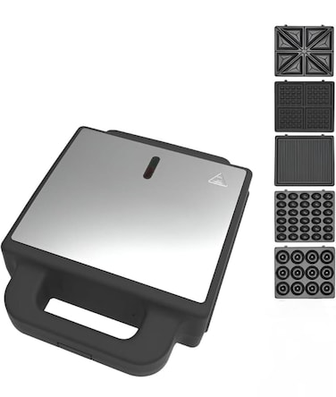 5 in 1 Sandwich Maker & Snack Maker 2400W – Multi-Function Non-Stick Grill, Toaster, Waffle, Donut, Nut Maker with Removable Plates, Dishwasher Safe, Metal Black