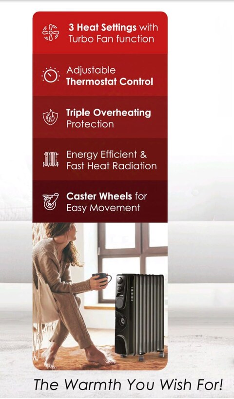 Energy-Efficient Oil Heater   Portable Electric Radiator with 3 Heat Settings &amp; Adjustable Thermostat   Quiet Operation, Overheat Protection   Perfect Heating Solution for Home &amp; Office
