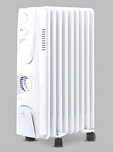 Portable Energy Efficient Oil Heater 11 Fins - Electric Radiator with 3 Heat Settings &amp; Adjustable Thermostat with Caster Wheel Support, Color  White