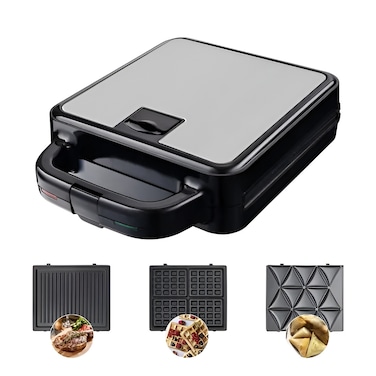 3 in 1 Sandwich Maker with Interchangeable Plates for Samosa, Waffle, and Grill &ndash; Non-Stick, Easy-to-Clean, Versatile Snack Maker
