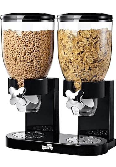 Kitchen Desk Double Head Cereal Dispenser - Food Container Black, Airtight Dry Food Storage Container with Dual Control, Perfect for Cereal, Nuts, Snacks & More